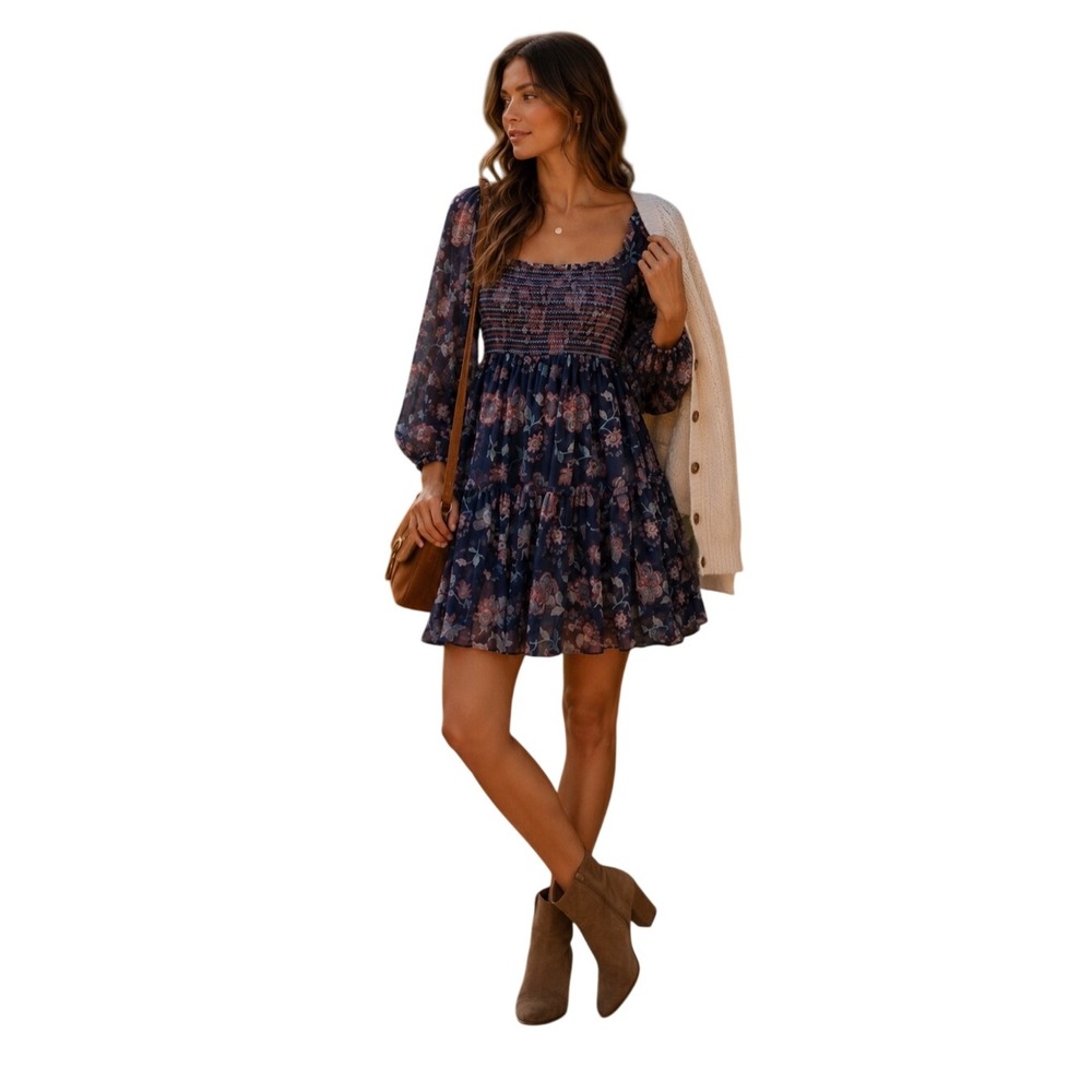 Boho Floral Navy Smocked Tiered Mini Dress Sachin & Babi Small